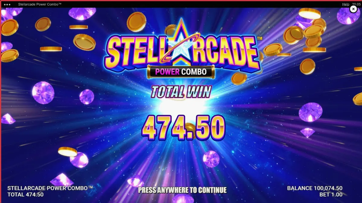 Interface neon do slot Stellarcade Power Combo com elementos espaciais