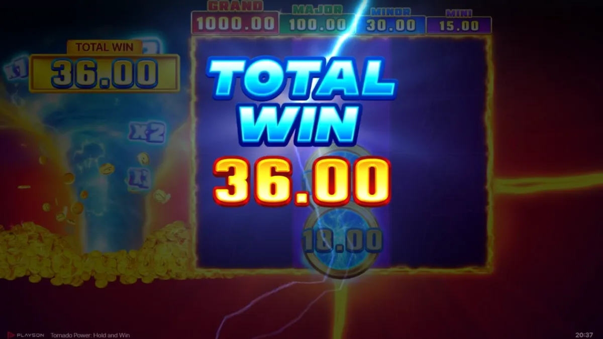 Interface do slot Tornado Power: Hold and Win com símbolos de frutas e raios